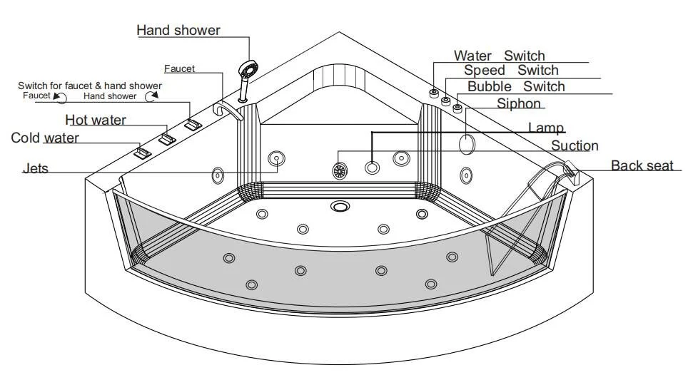 Bathroom Tub Black Acrylic Massage Bathtub Price with Jacuzzi and Tempered Glass